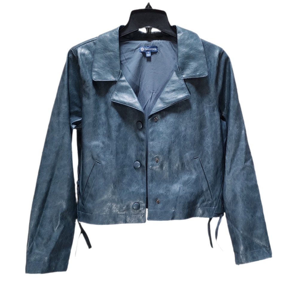 Democracy Long Sleeve Faux Leather Cropped Button Front Lace-Up Jacket Green S